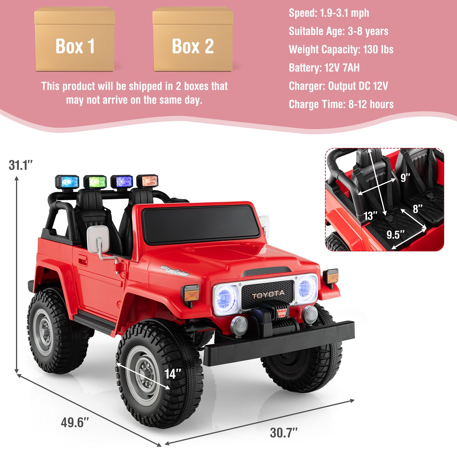 12V 2-Seater Battery Powered Ride-On Car with 3-Point Seat Belts and Doors Red Trend Times 1