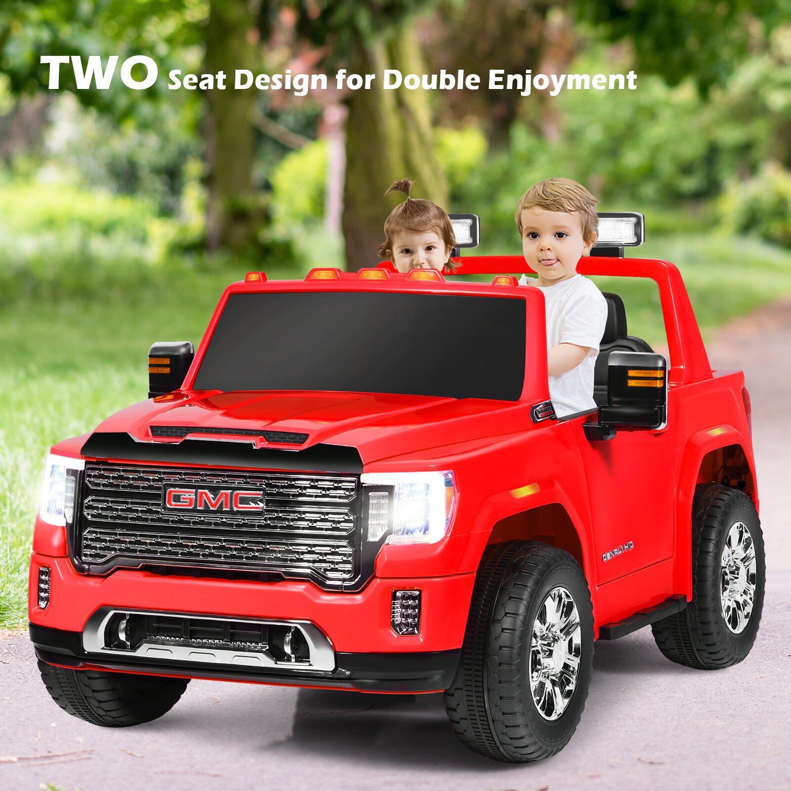 12V 2-Seater Licensed GMC Kids Electric Ride-On Truck with Remote Control and Storage Box, Red Trend Times 3