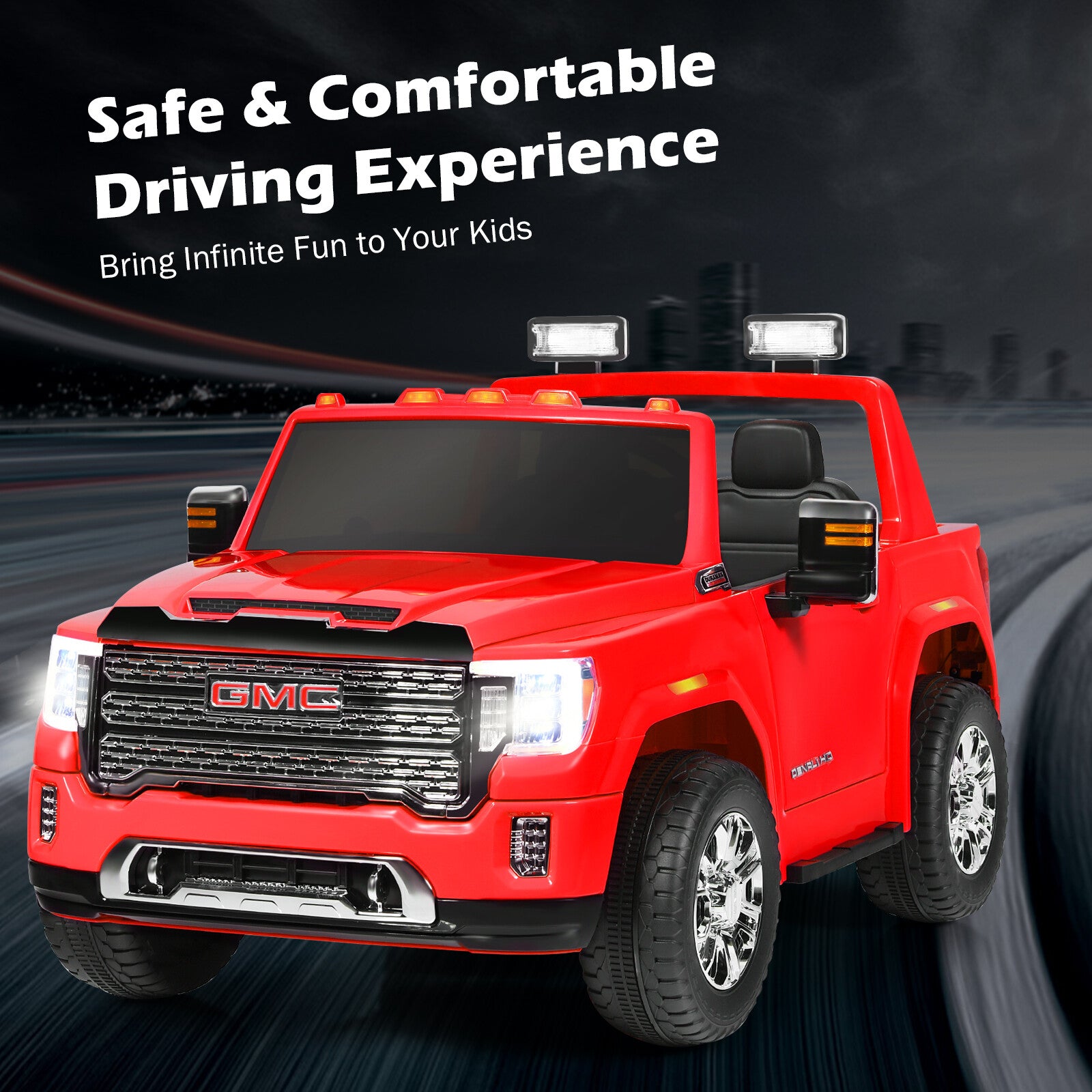 12V 2-Seater Licensed GMC Kids Electric Ride-On Truck with Remote Control and Storage Box, Red Trend Times 4