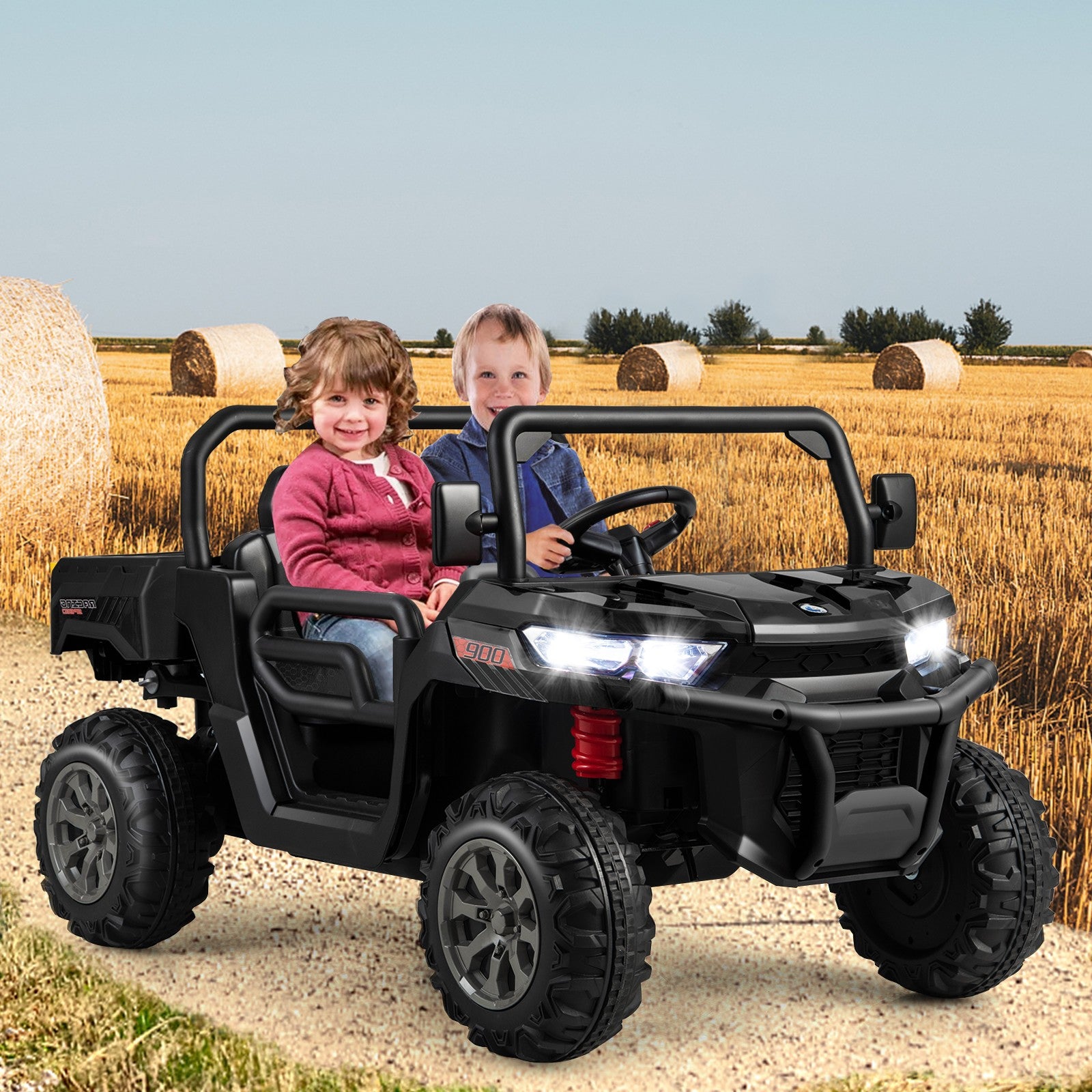12V 2-Seater Electric Ride-On UTV Dump Truck with Remote Control, Dump Bed, and Shovel - Black Trend Times 2