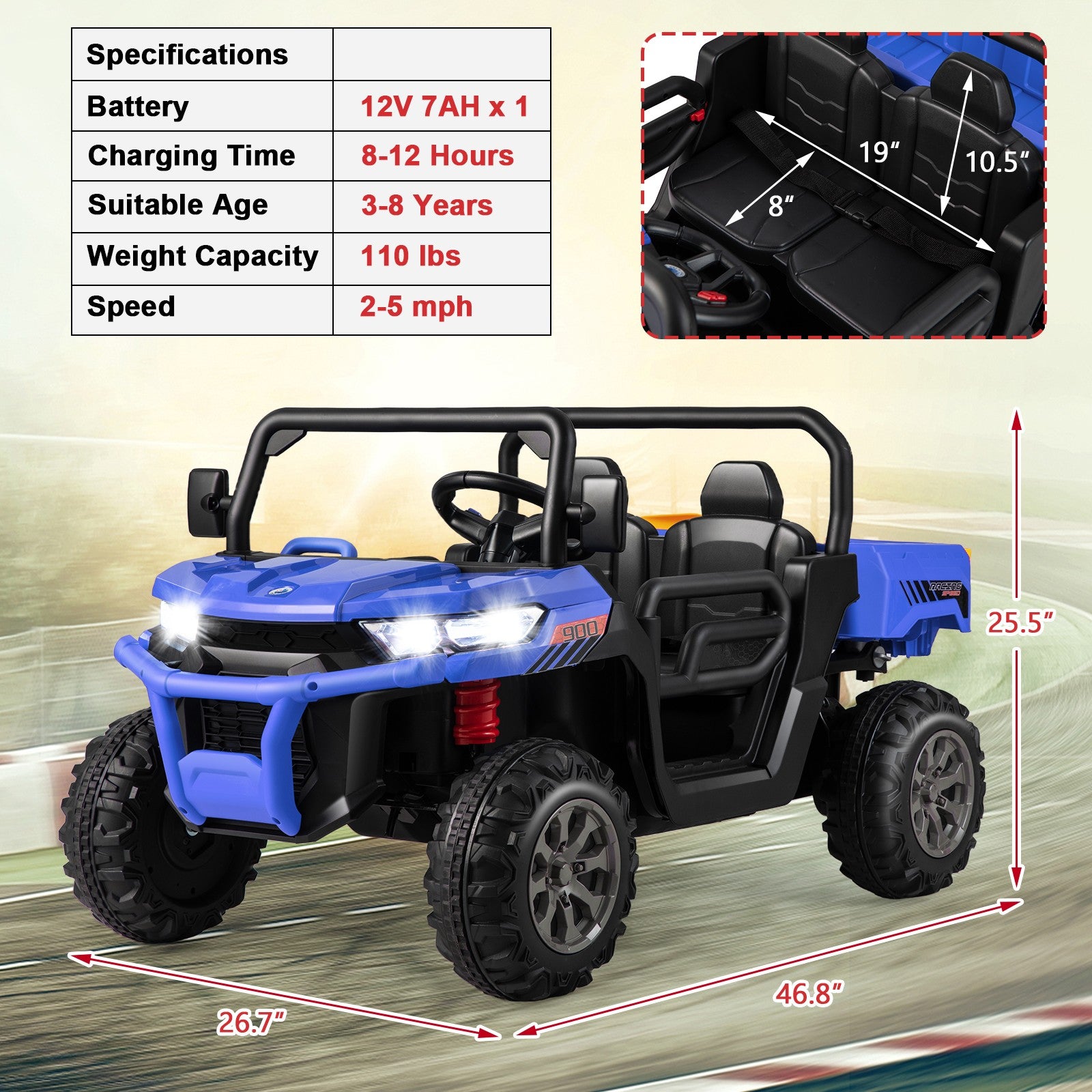 12V 2-Seater Electric Ride-On UTV Dump Truck with Remote Control, Dump Bed, and Shovel - Blue Trend Times 1