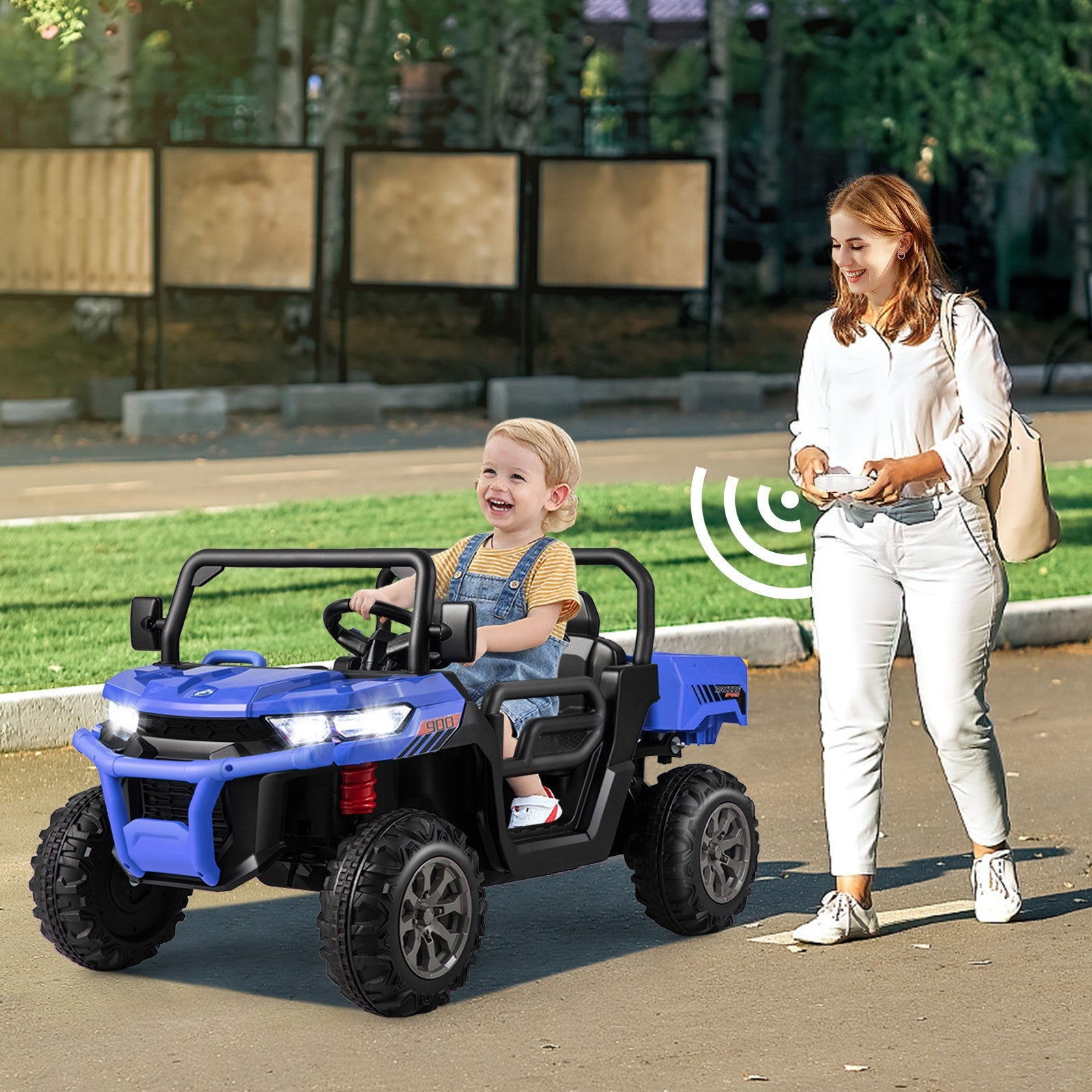 12V 2-Seater Electric Ride-On UTV Dump Truck with Remote Control, Dump Bed, and Shovel - Blue Trend Times 2