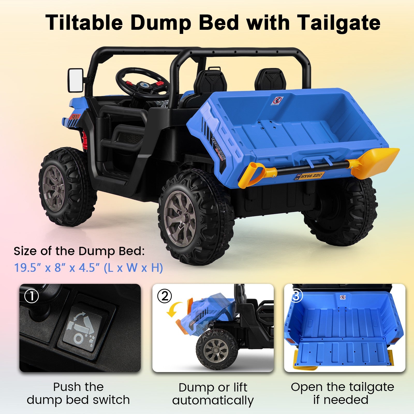 12V 2-Seater Electric Ride-On UTV Dump Truck with Remote Control, Dump Bed, and Shovel - Blue Trend Times 8