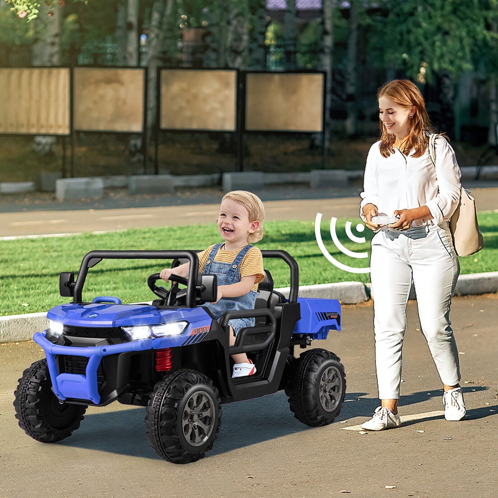 12V 2-Seater Electric Ride-On UTV Dump Truck with Remote Control, Dump Bed, and Shovel – Blue Trend Times 2