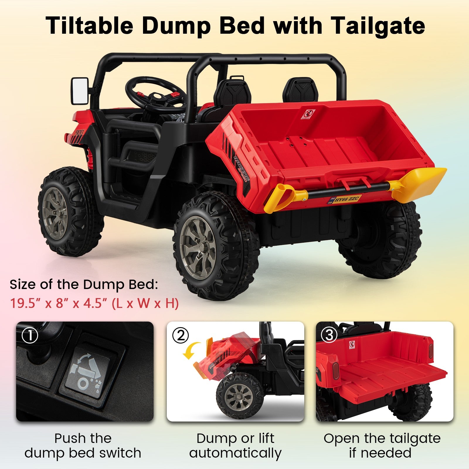 12V 2-Seater Electric Ride-On UTV Dump Truck with Remote Control, Dump Bed, and Shovel - Red Trend Times 6