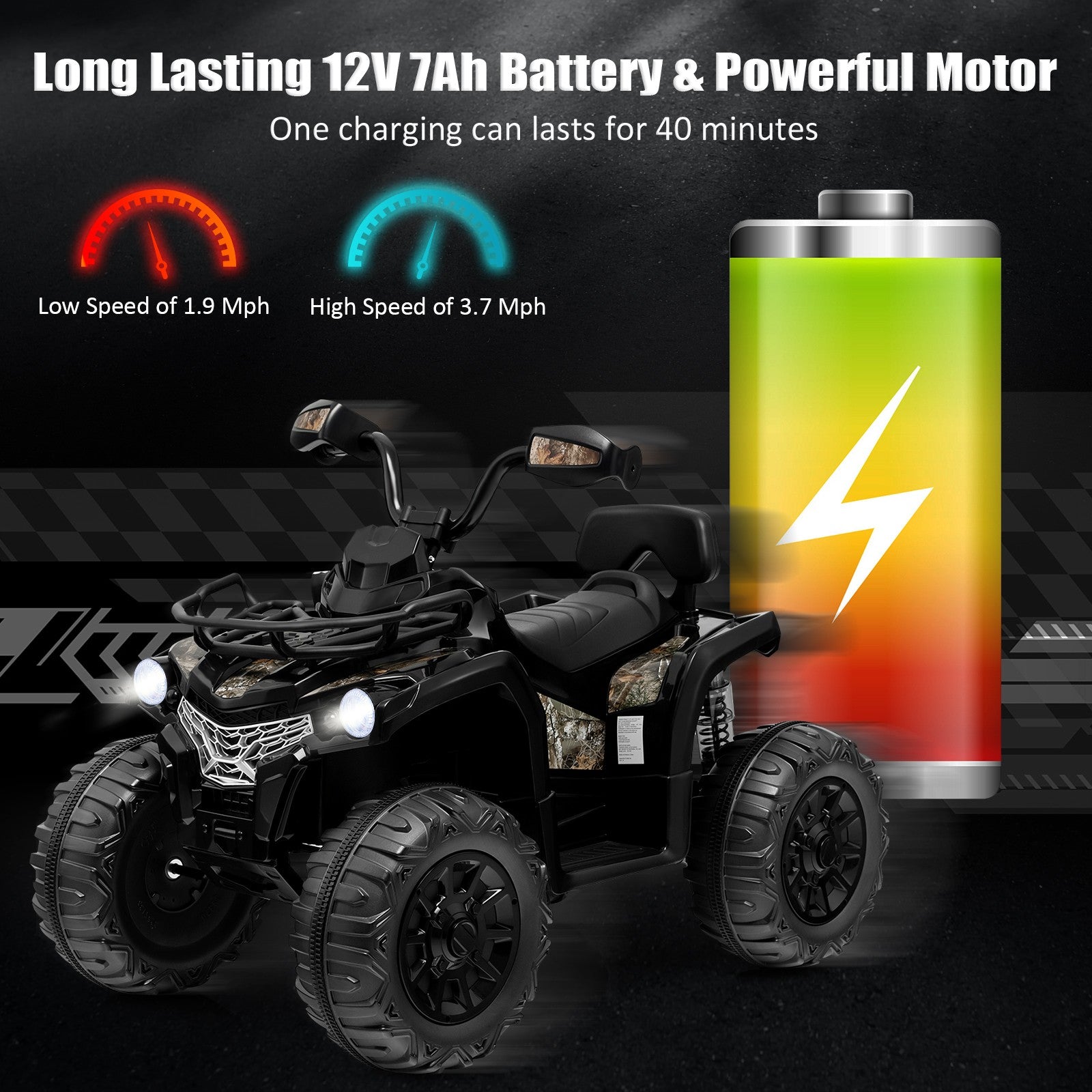 12V 2-Speed Kids Electric Ride-On ATV 4-Wheeler Quad with MP3 and Headlights Black Trend Times 3