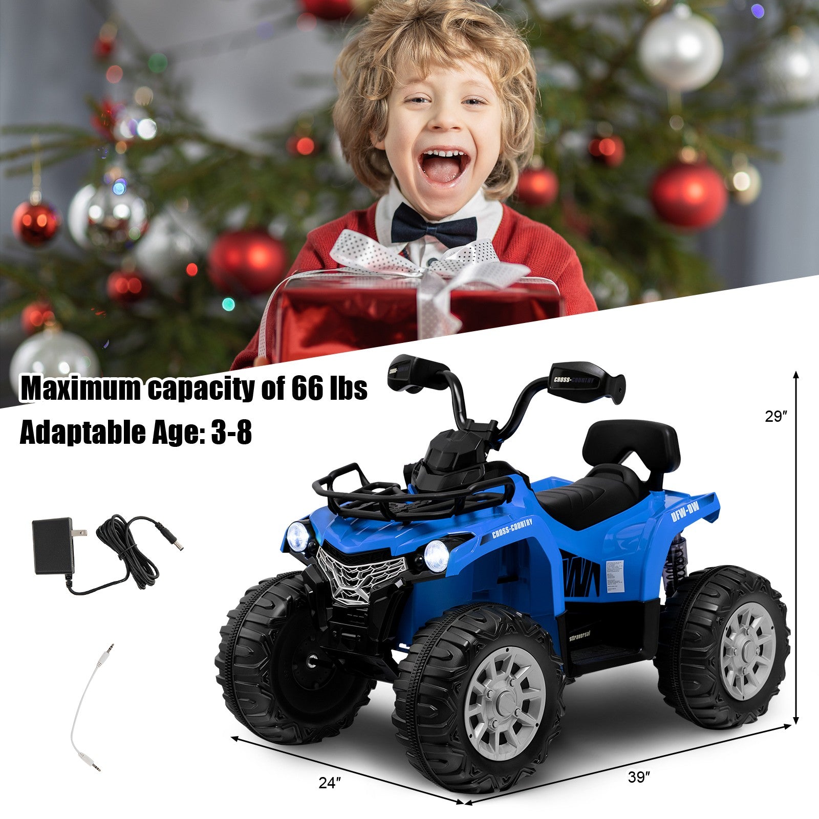 12V Electric Kids Ride-On ATV 4-Wheeler Quad with 2 Speeds, MP3, and Headlights Blue Trend Times 1