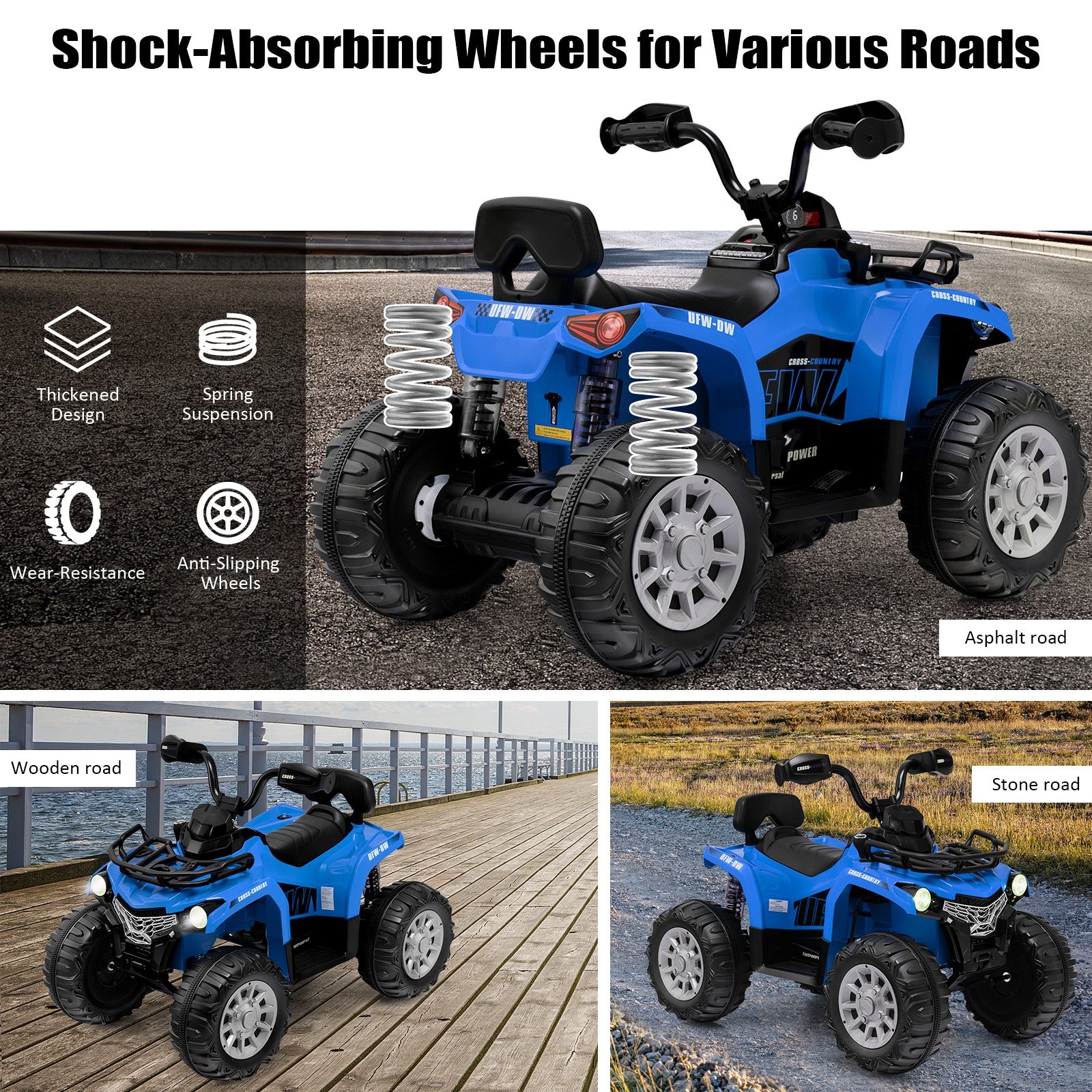 12V Electric Kids Ride-On ATV 4-Wheeler Quad with 2 Speeds, MP3, and Headlights Blue Trend Times 4