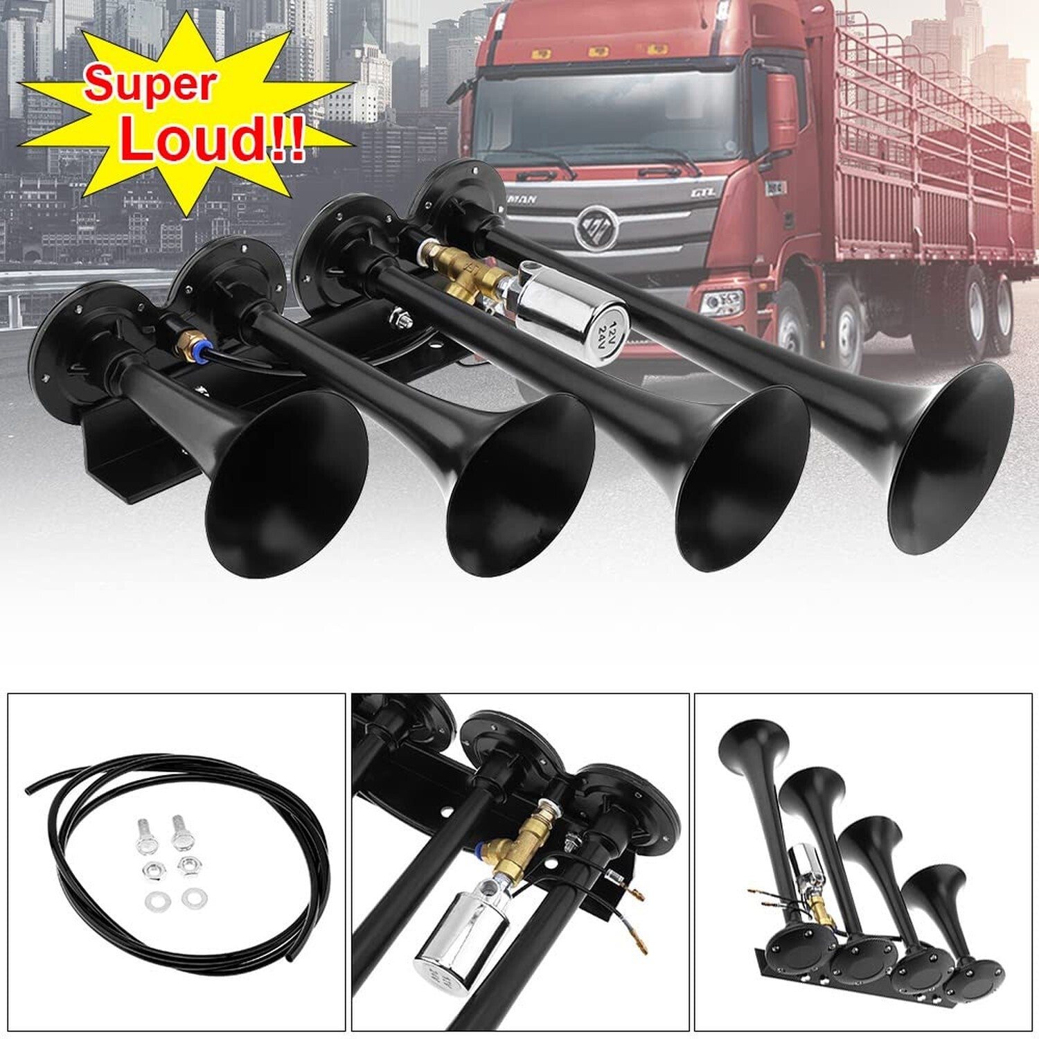 12V/24V Truck and Train Air Horn, 185dB Loud Four Trumpet Air Horn for Cars Trend Times 8