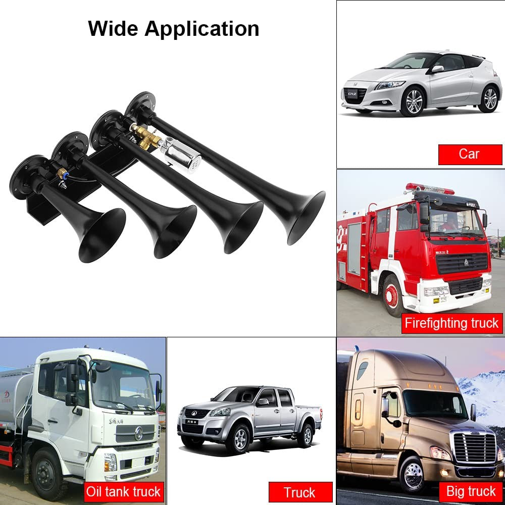 12V/24V Truck and Train Air Horn 185dB Super Loud Four Trumpet Air Horn for Cars Trend Times 2