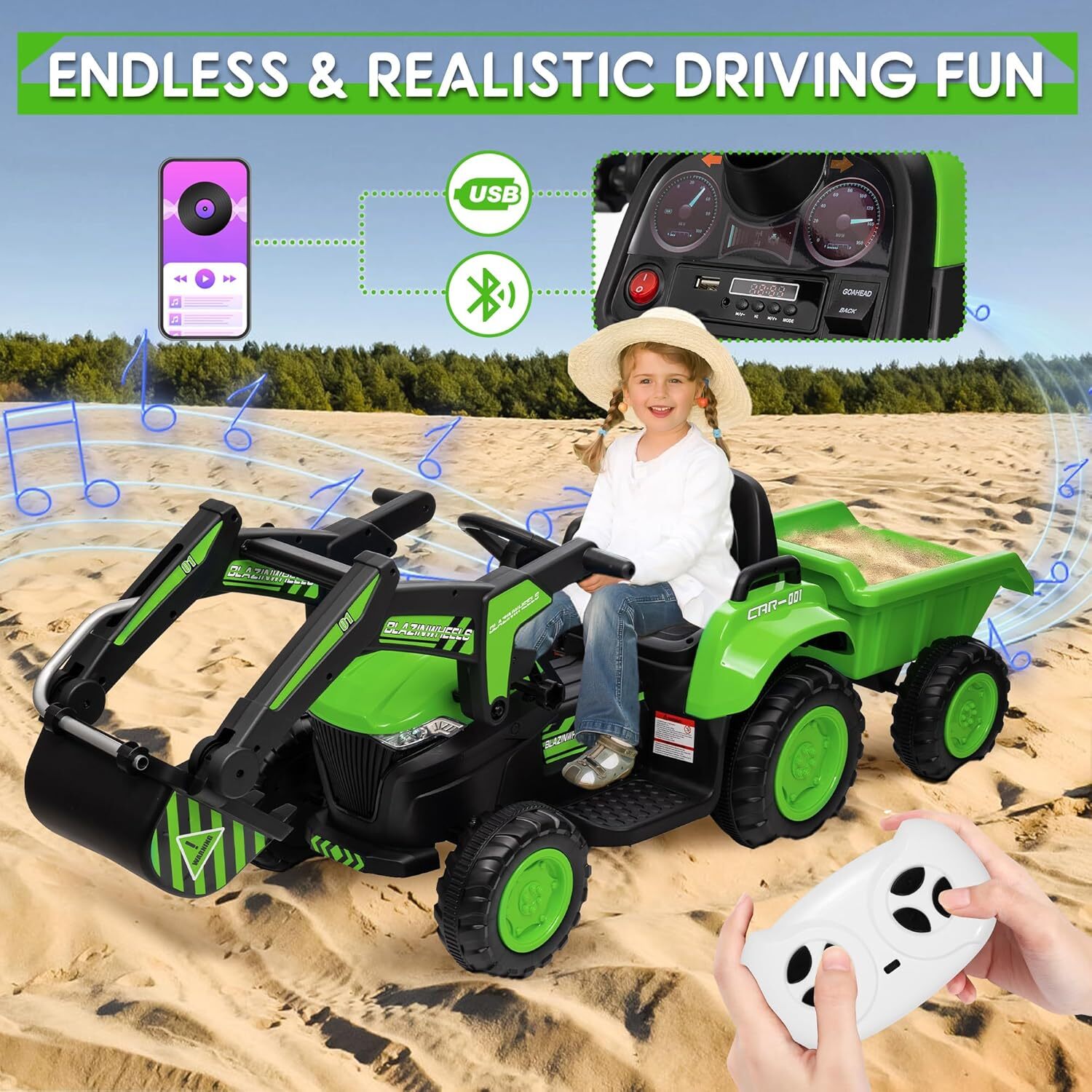 12V 3-in-1 Kids Electric Ride-On Excavator with Detachable Trailer Trend Times 6
