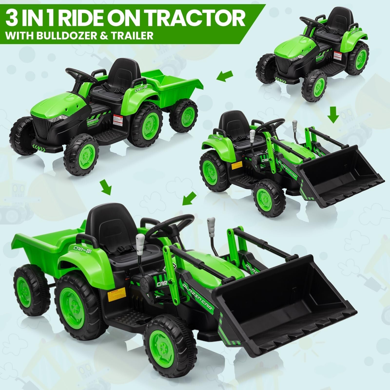 12V 3-in-1 Kids Electric Ride-On Excavator Bulldozer Tractor with Remote and Trailer Trend Times 1
