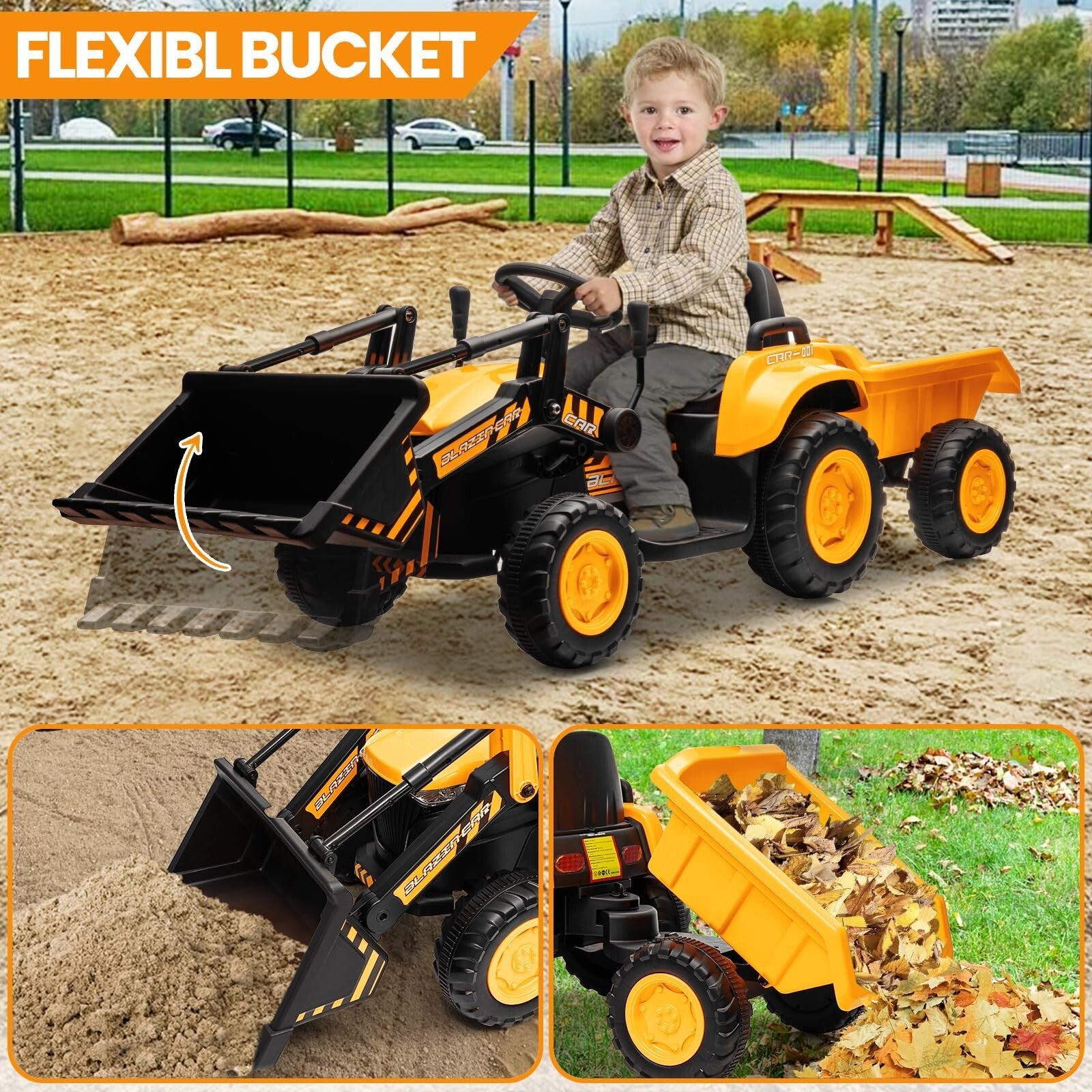 12V 3-in-1 Kids Electric Ride-On Excavator Bulldozer Tractor with Remote and Trailer Trend Times 12