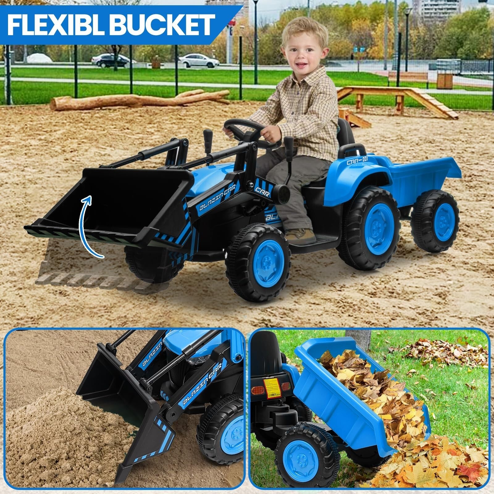 12V 3-in-1 Kids Electric Ride-On Excavator Bulldozer Tractor with Remote and Trailer Trend Times 17
