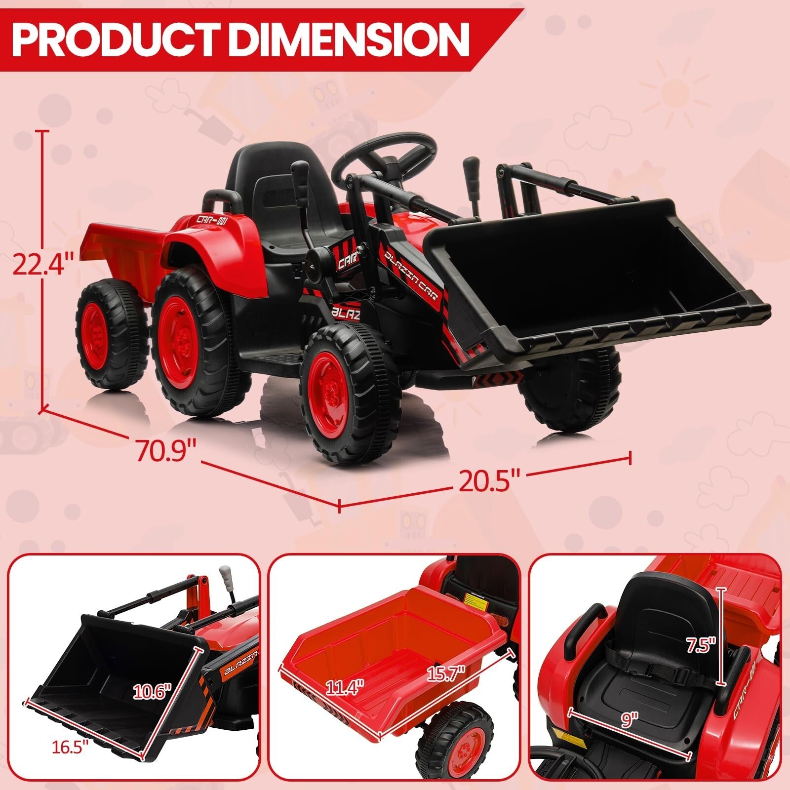 12V 3-in-1 Kids Electric Ride-On Excavator Bulldozer Tractor with Remote and Trailer Trend Times 26