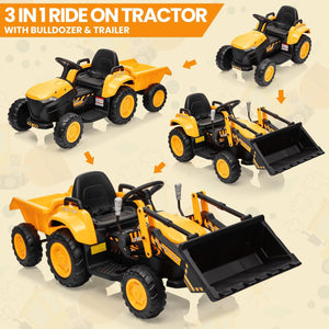 12V 3-in-1 Kids Electric Ride-On Excavator Bulldozer Tractor with Remote and Trailer Trend Times 8