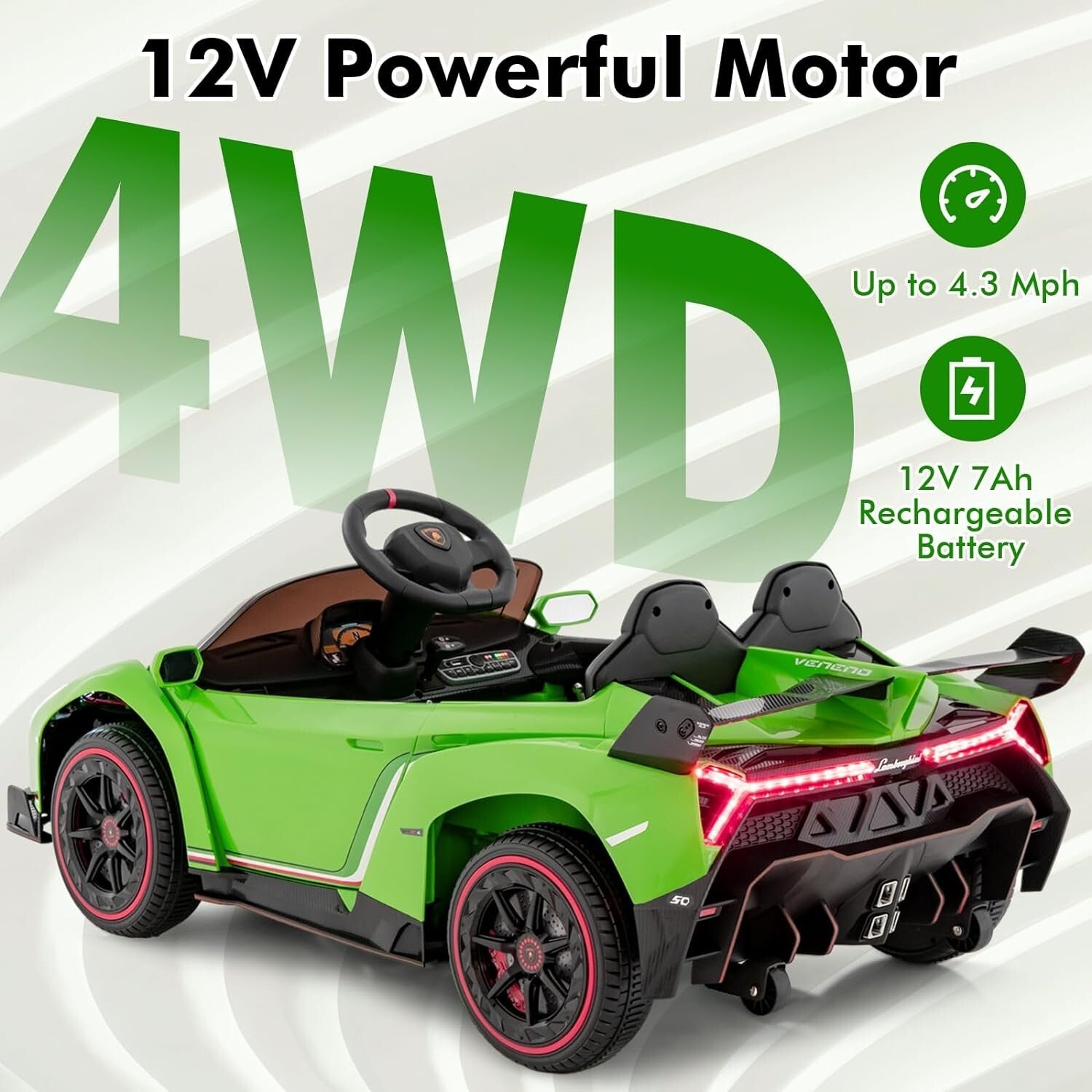 12V 4WD Kids Ride-On Car with Safety Features and Built-In Music Lamborghini Style Trend Times 3