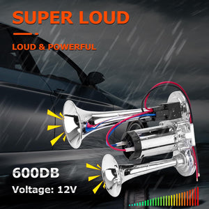 12V 600DB Upgraded Dual Trumpet Air Horn Kit Super Loud Electric Train Horn Trend Times 2