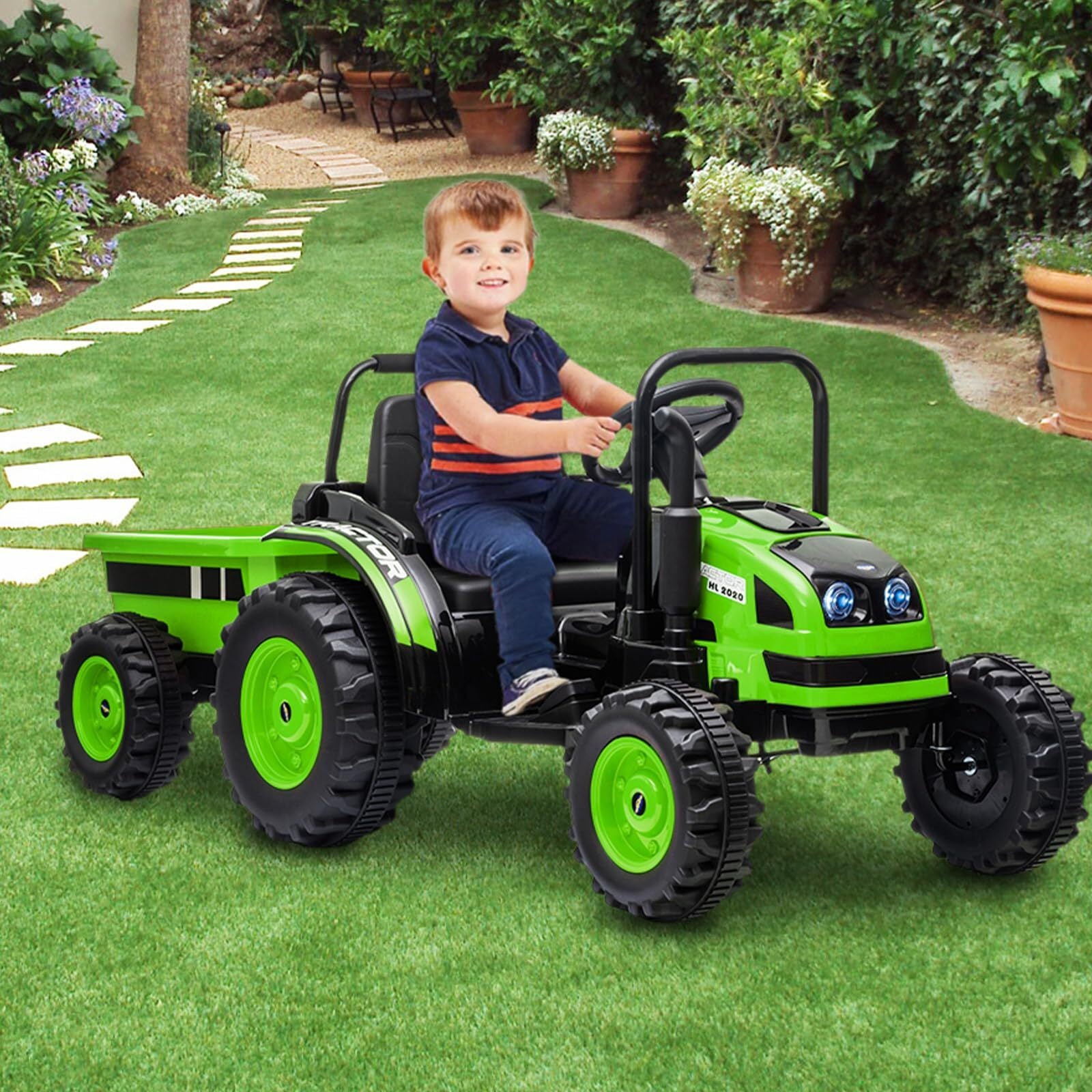 12V 7AH Kids Ride-On Tractor with Trailer, Remote Control, LED Lights, Music, and Suspension Trend Times 18
