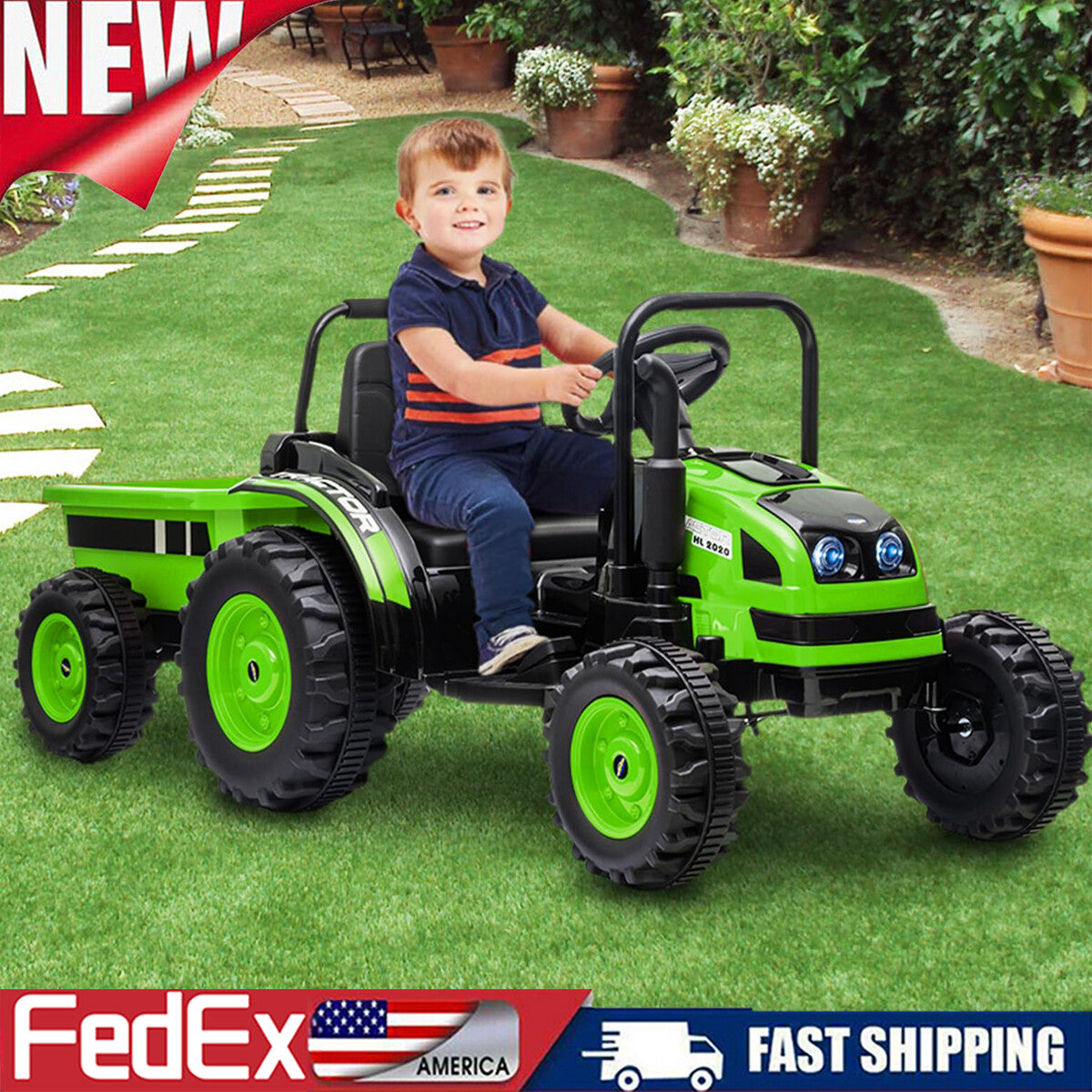 12V 7AH Kids Ride-On Tractor with Trailer, Remote Control, LED Lights, Music, and Suspension Trend Times 7