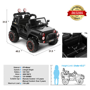 12V Black Kids Ride-On Truck Car Toy with MP3, LED Lights, RC Controller, and Battery Cover Trend Times 1