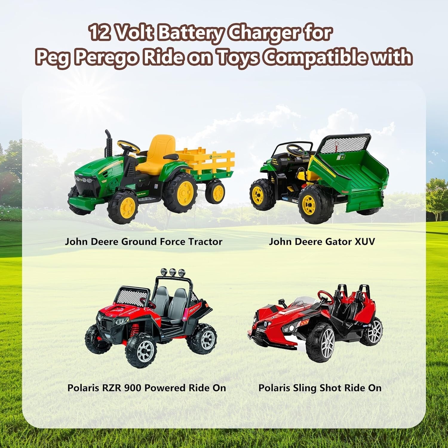 12V Battery Charger Compatible with Peg Perego Ground Force Tractor and John Deere Gator XUV Toys Trend Times 2