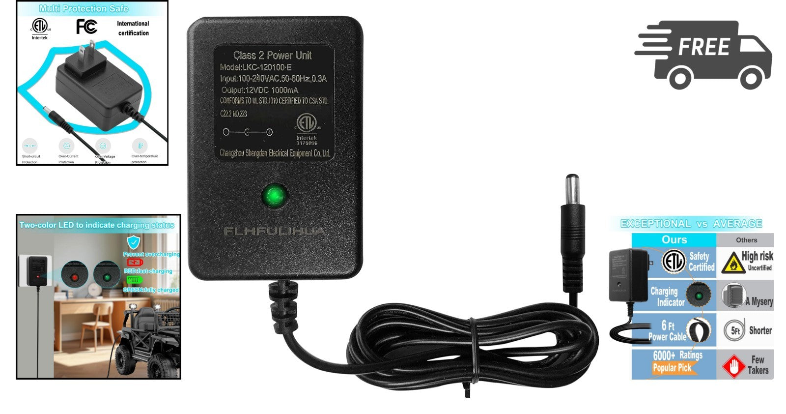 12V Battery Charger and Power Supply for Kids Ride-On Cars, Scooters, and ATVs Trend Times 1