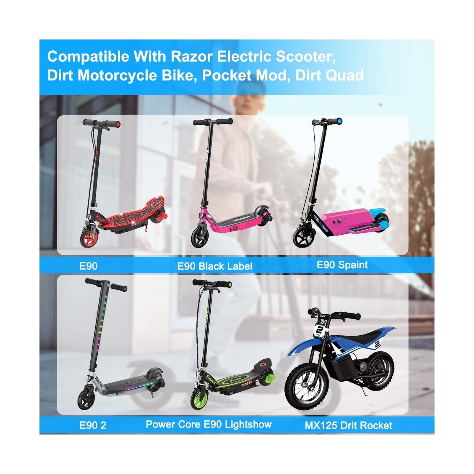 12V Battery Charger for Ride-On Toys Compatible with Razor PowerCore E90 and E95 Electric Scooters Trend Times 1