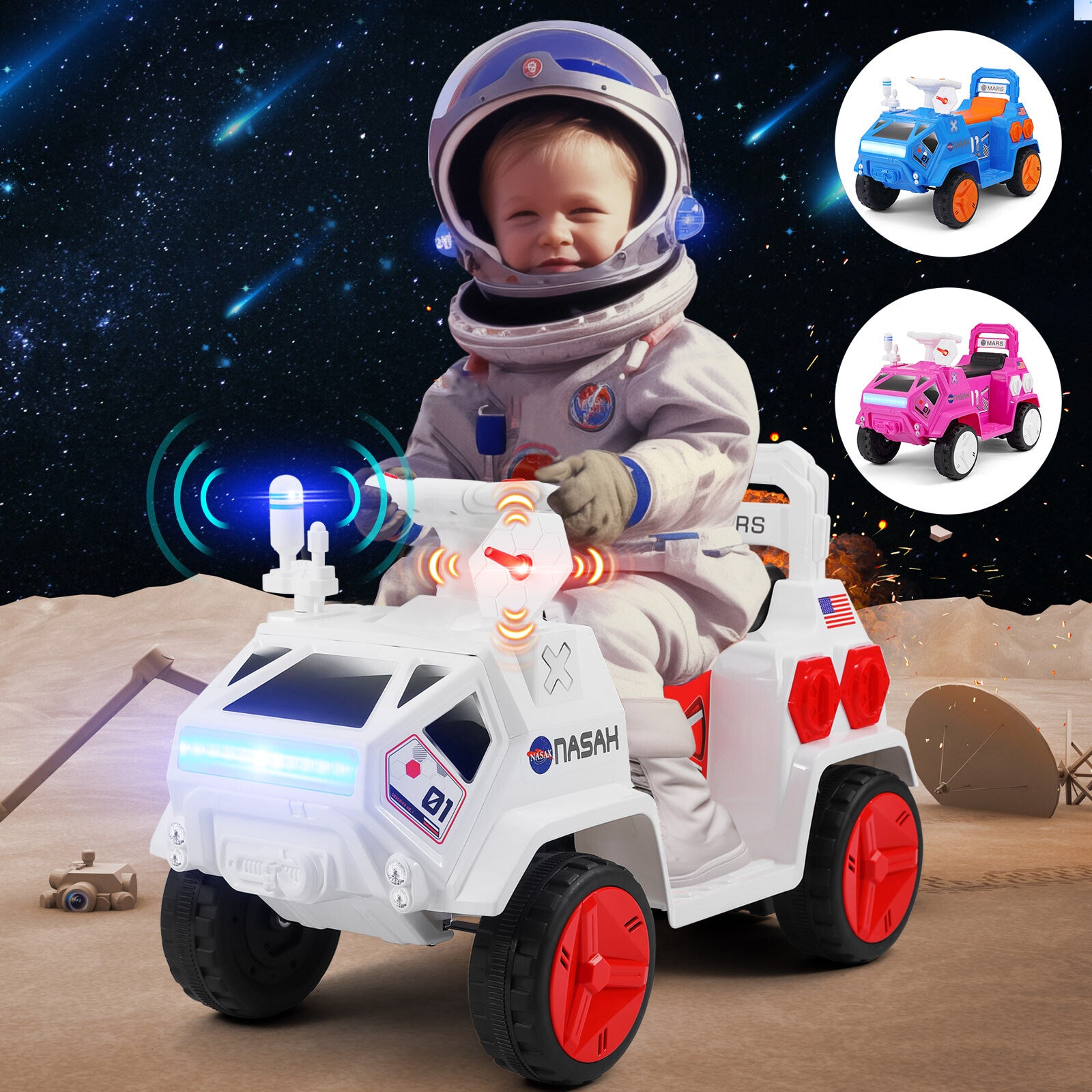 12V Battery Powered Kids Ride-On Mars Rover Car with Remote Control, Radar, Alarm, Lights, Music, and Bluetooth Trend Times 12