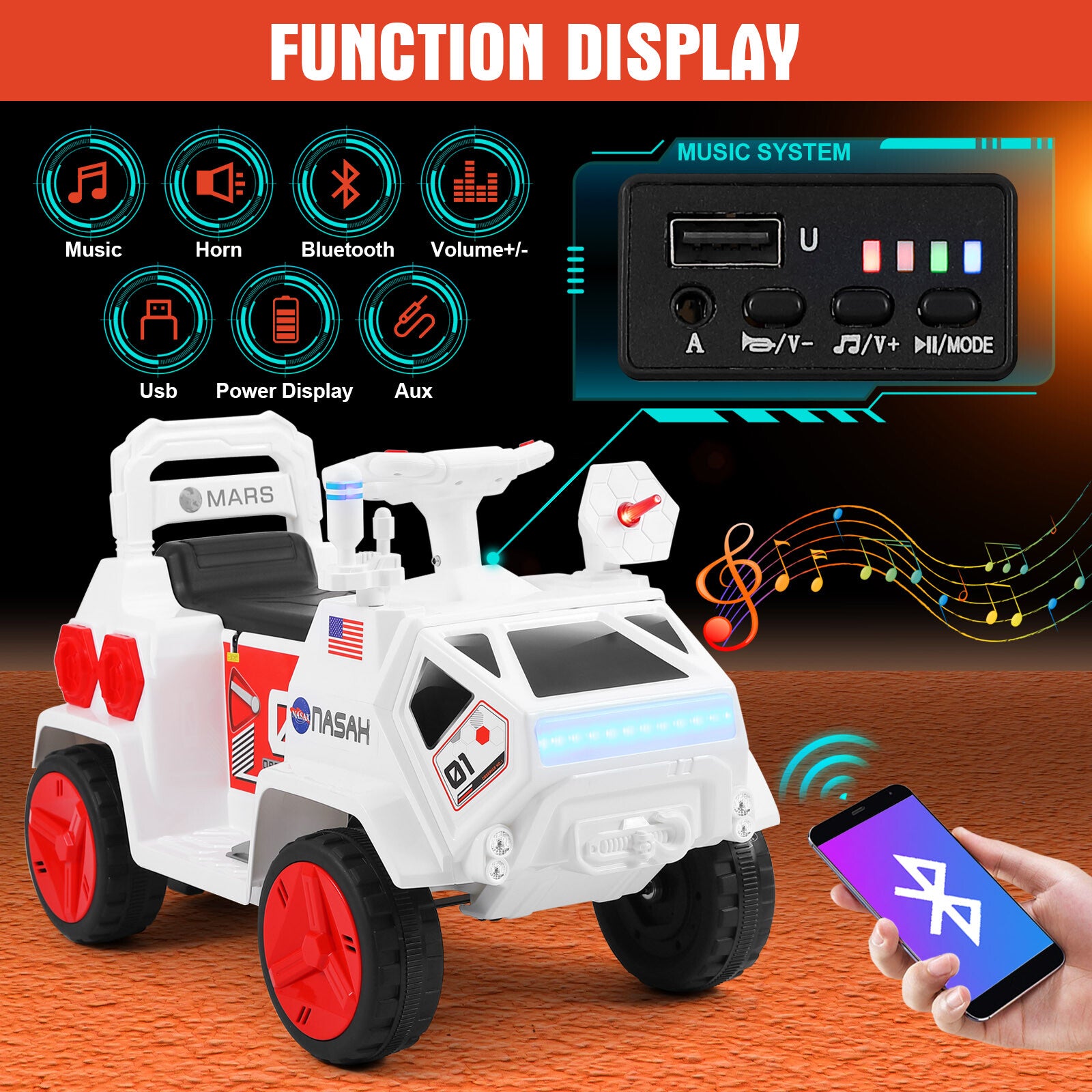 12V Battery Powered Kids Ride-On Mars Rover Car with Remote Control, Radar, Alarm, Lights, Music, and Bluetooth Trend Times 3