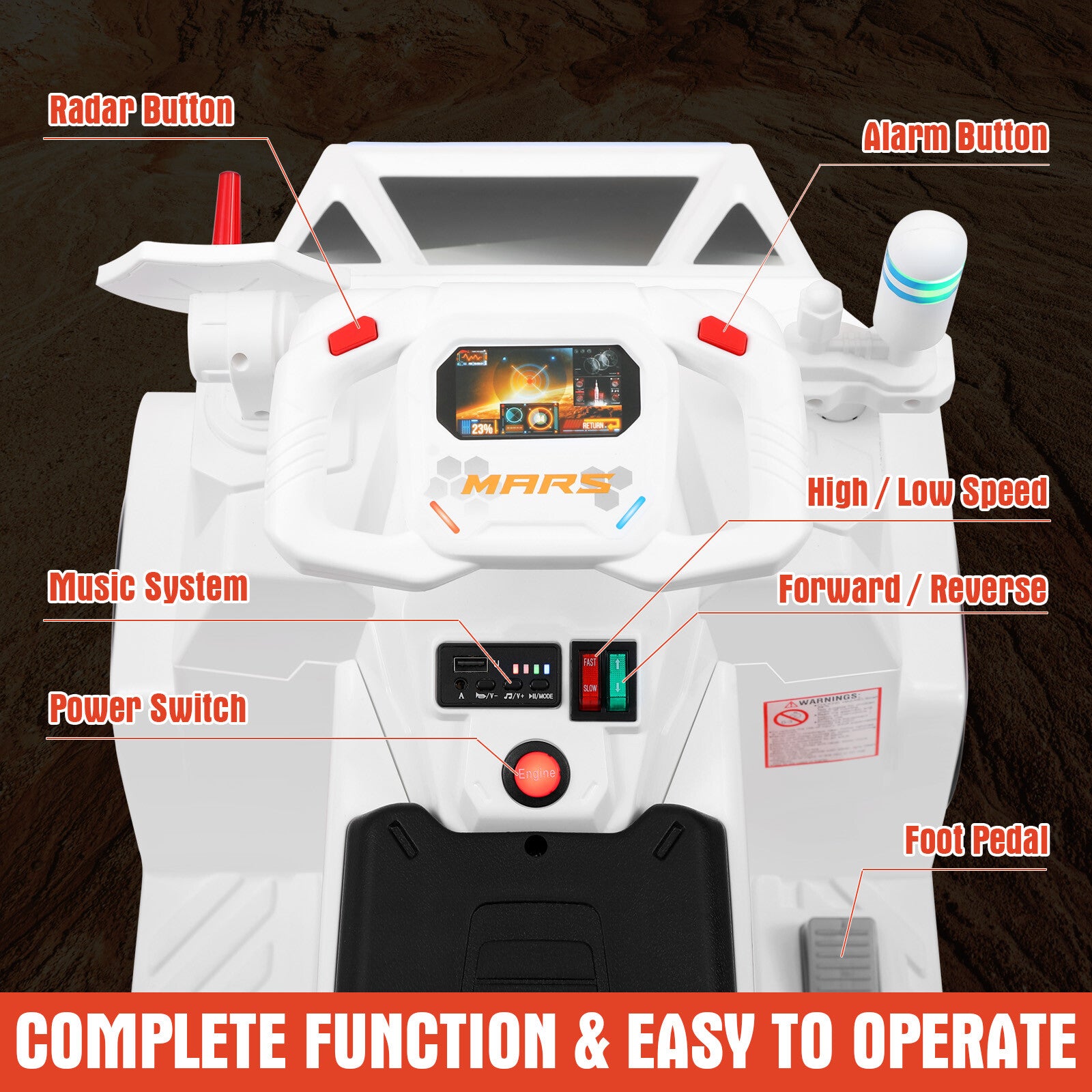 12V Battery Powered Kids Ride-On Mars Rover Car with Remote Control, Radar, Alarm, Lights, Music, and Bluetooth Trend Times 4