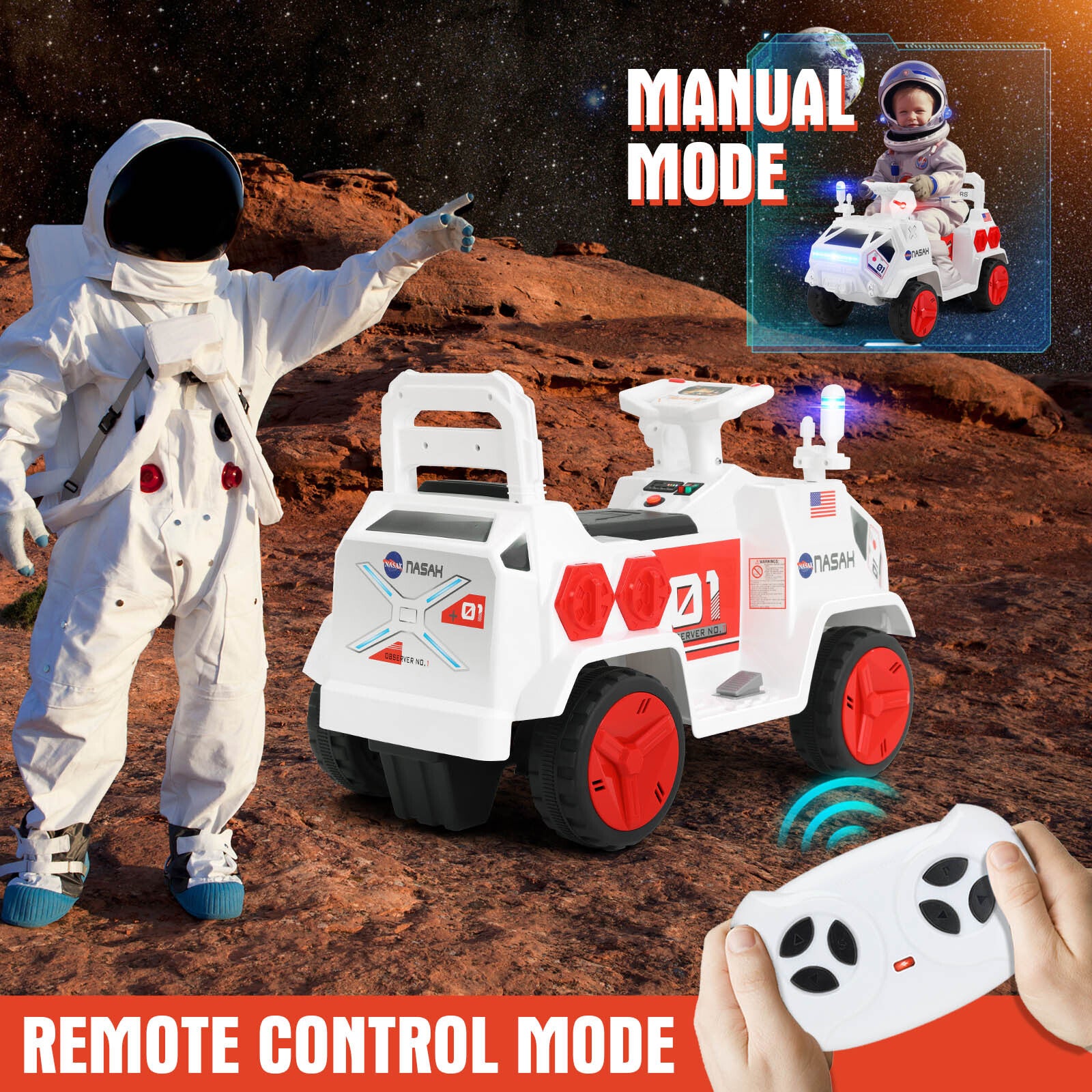 12V Battery Powered Kids Ride-On Mars Rover Car with Remote Control, Radar, Alarm, Lights, Music, and Bluetooth Trend Times 6
