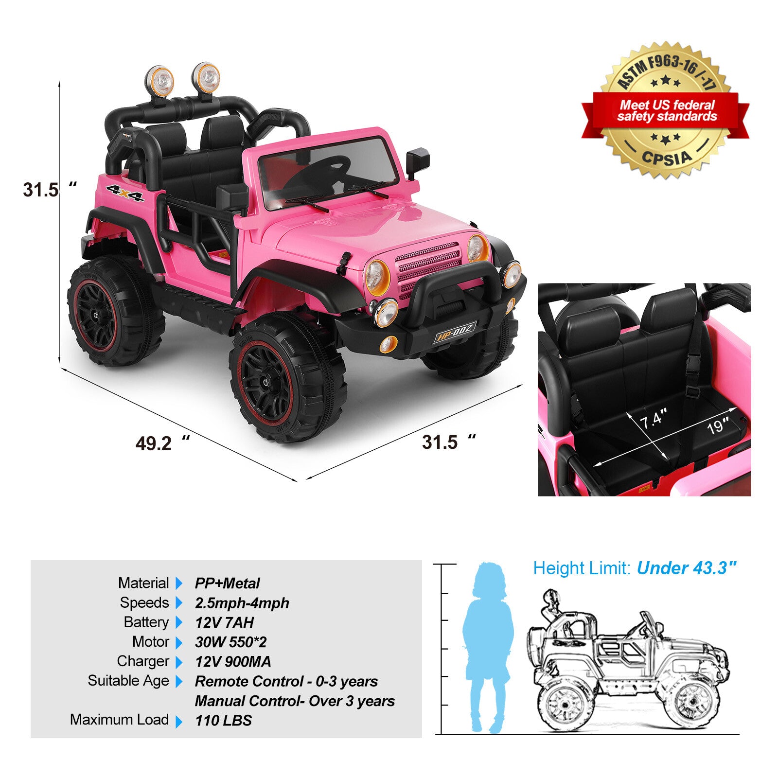 12V Pink and Black Kids Ride-On Truck with MP3, LED Lights, Remote Control, and Battery Cover Trend Times 1