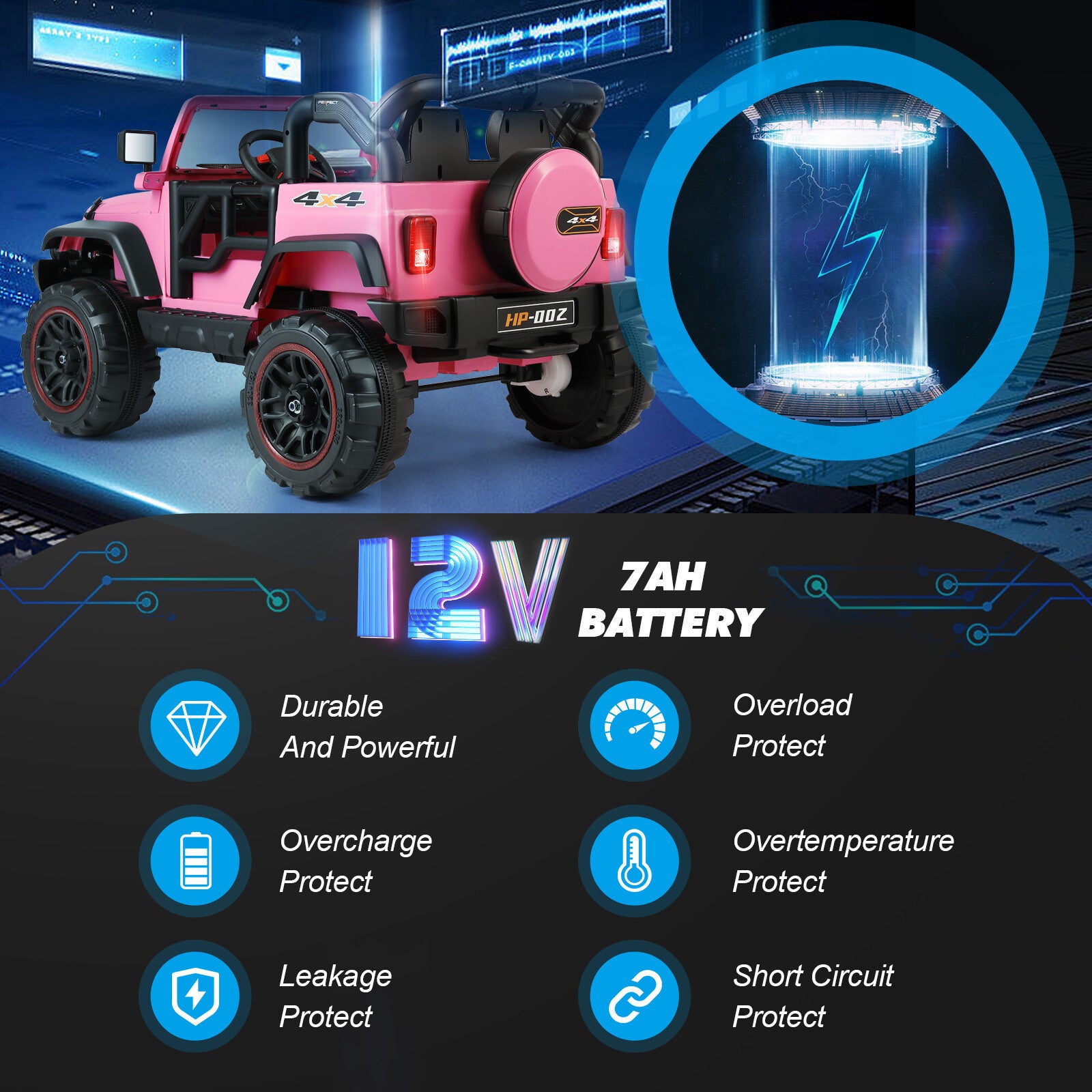 12V Pink and Black Kids Ride-On Truck with MP3, LED Lights, Remote Control, and Battery Cover Trend Times 2
