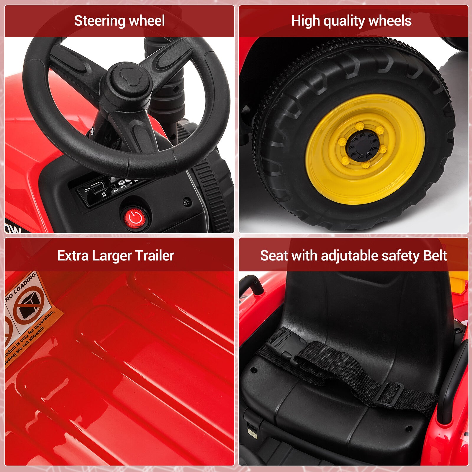 12V Battery-Powered Electric Kids Ride-On Tractor with Trailer and Remote Control Red Trend Times 5
