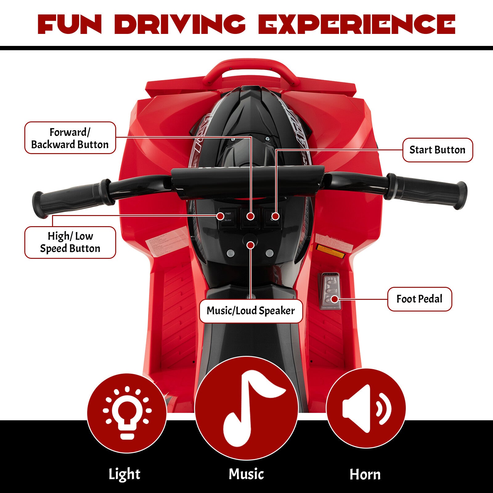 12V Battery-Powered Kids Ride-On ATV with Bright Headlights and Built-in Music Red Trend Times 5