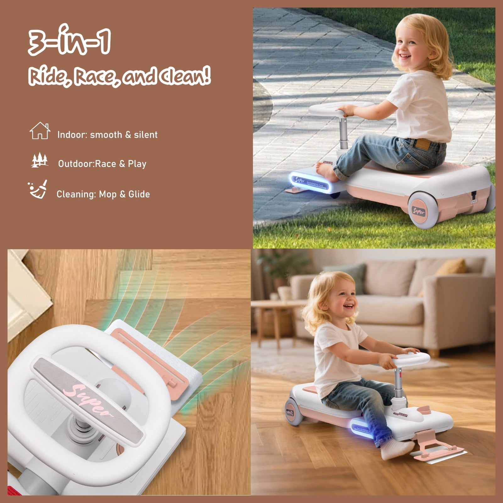12V Battery-Powered Electric Kids Ride-On Go Kart with LED Lights, Music, and Cleaning Mop Trend Times 7