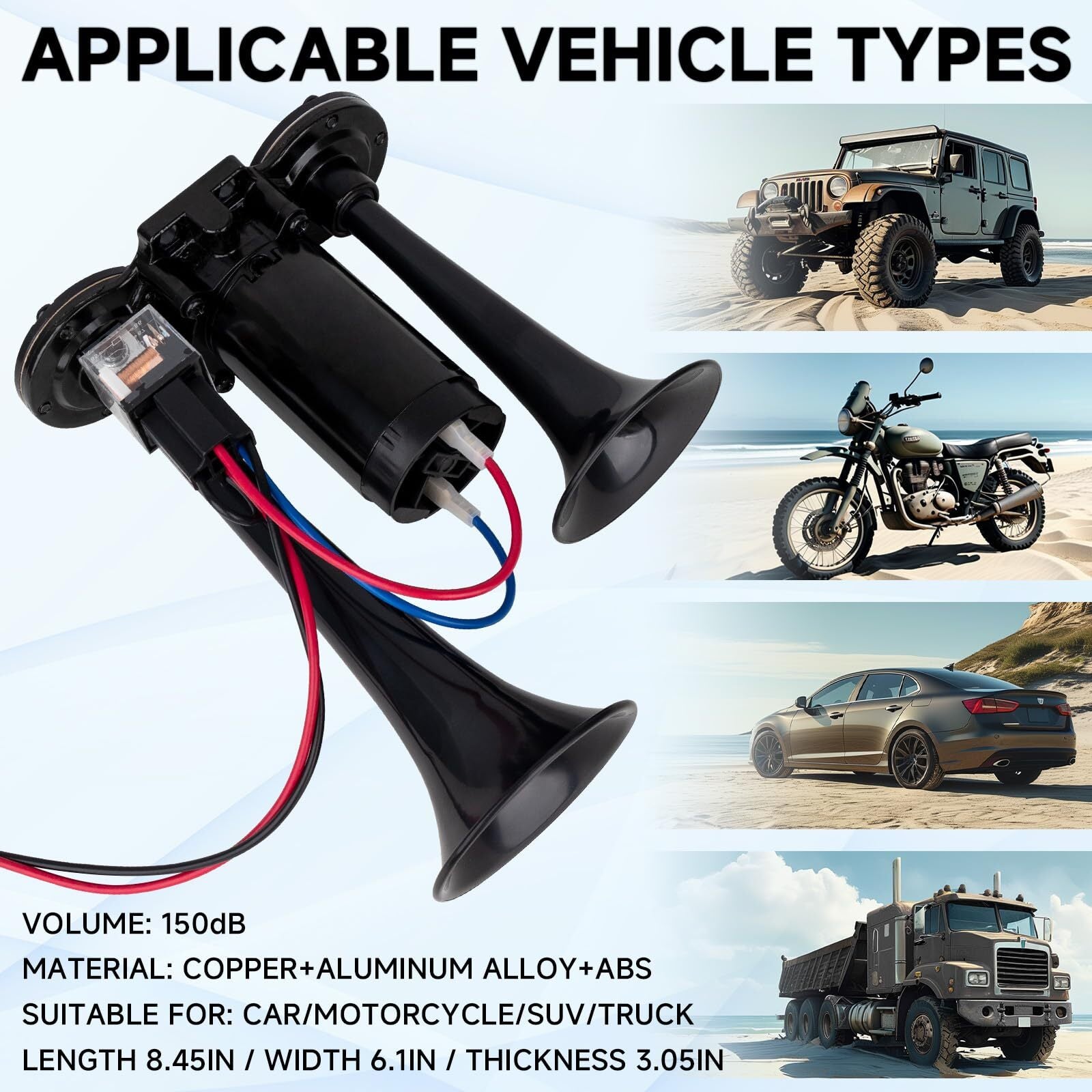 12V Black Waterproof Truck Horn with 150dB Compressor and Integrated Dual Tubes Trend Times 2