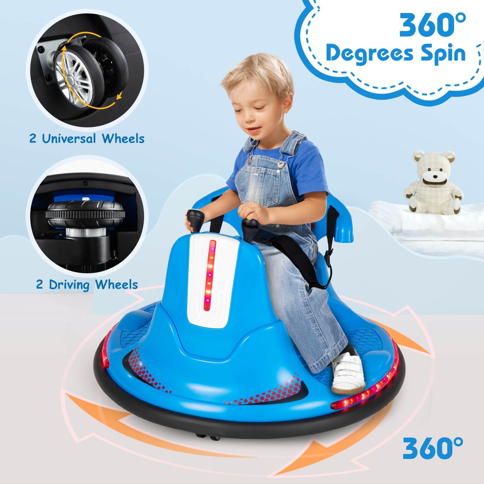 12V Electric Ride-On Bumper Car for Kids and Toddlers with 360 Degree Spin Blue Trend Times 6