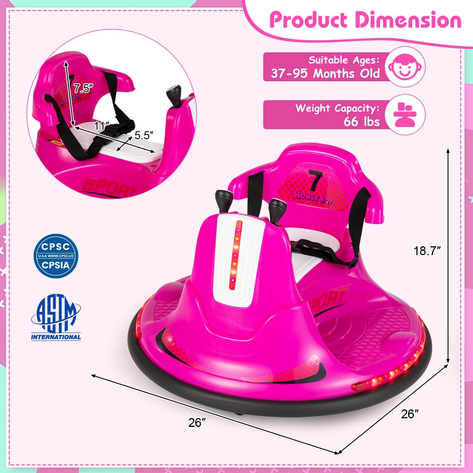 12V Electric Pink Bumper Ride-On Car for Kids and Toddlers with 360 Degree Spin Trend Times 1