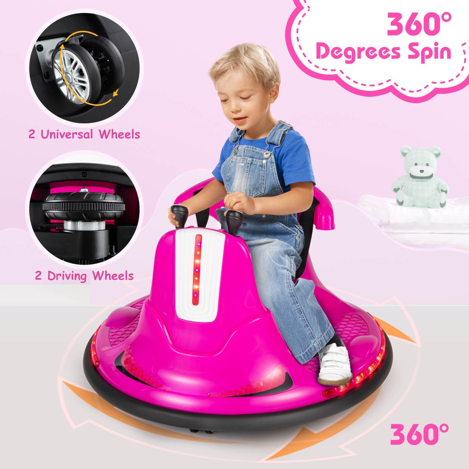 12V Electric Pink Bumper Ride-On Car for Kids and Toddlers with 360 Degree Spin Trend Times 7
