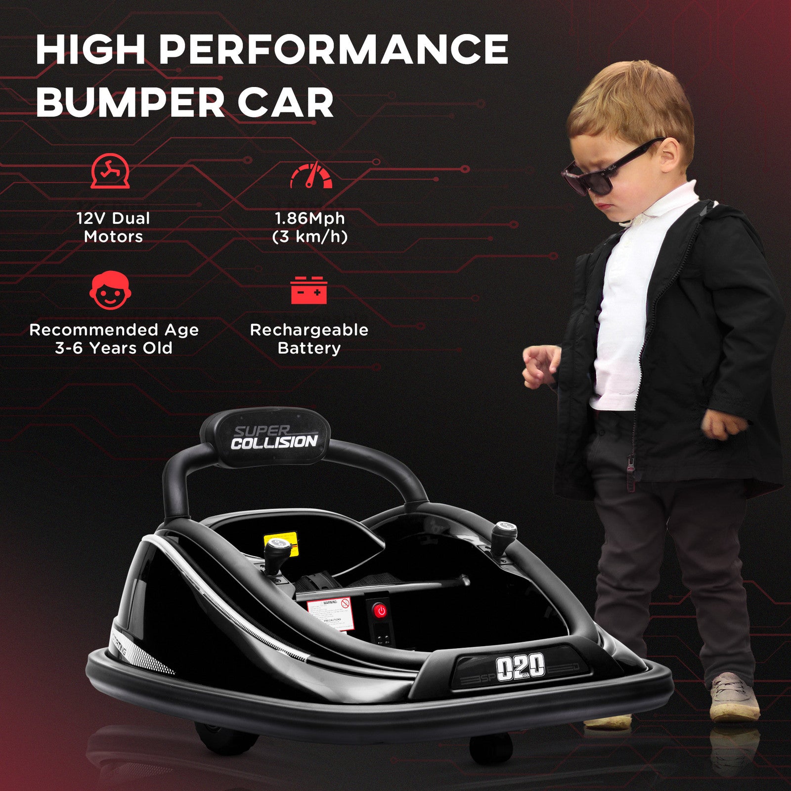 12V Black Electric Ride-On Bumper Car for Kids with Remote Control and 360° Rotation Trend Times 4
