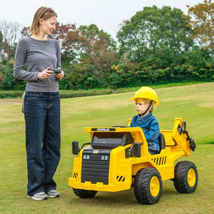 12V Licensed Kids Ride-On Caterpillar Dump Truck with Tiltable Bump Bed Yellow Trend Times 2