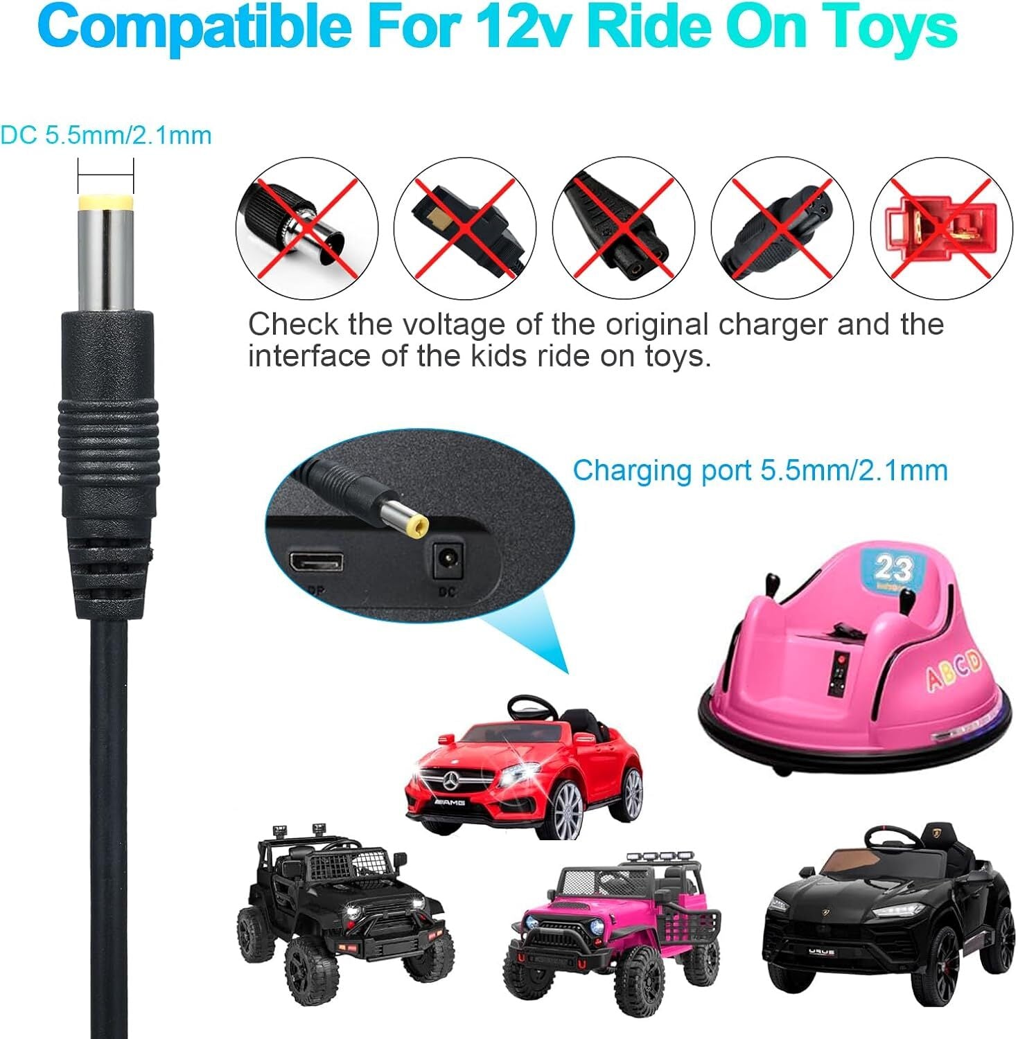 12V Charger for Kids Ride-On Car Class 2 Power Supply for Bumper Car Wrangler Trend Times 3