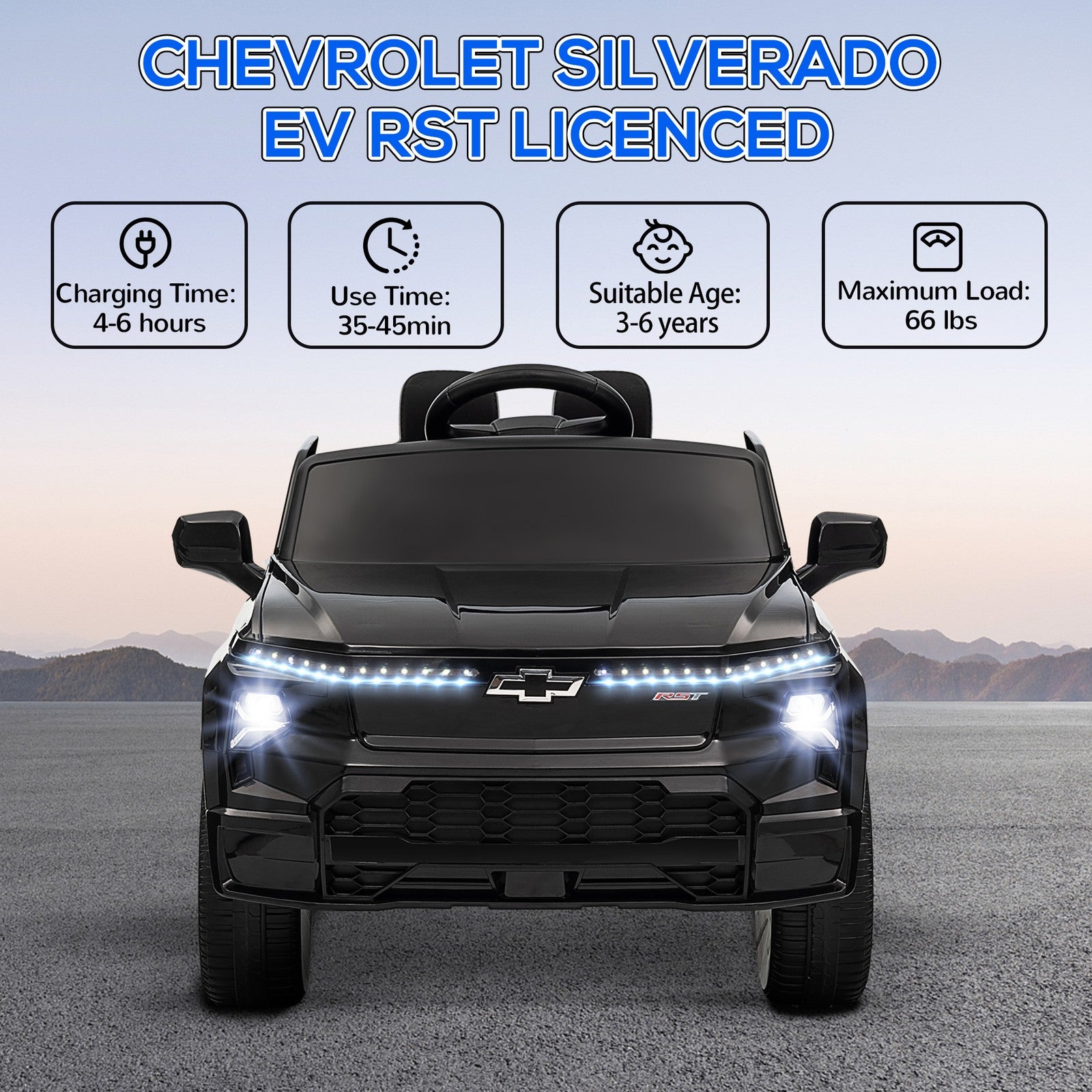 12V Licensed Chevrolet Silverado RST Kids Electric Ride-On Car Black Trend Times 4