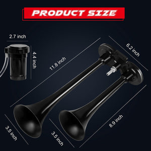 12V Dual Air Horn Kit with 150dB Loud Train Horns and Compressor in Black Trend Times 1