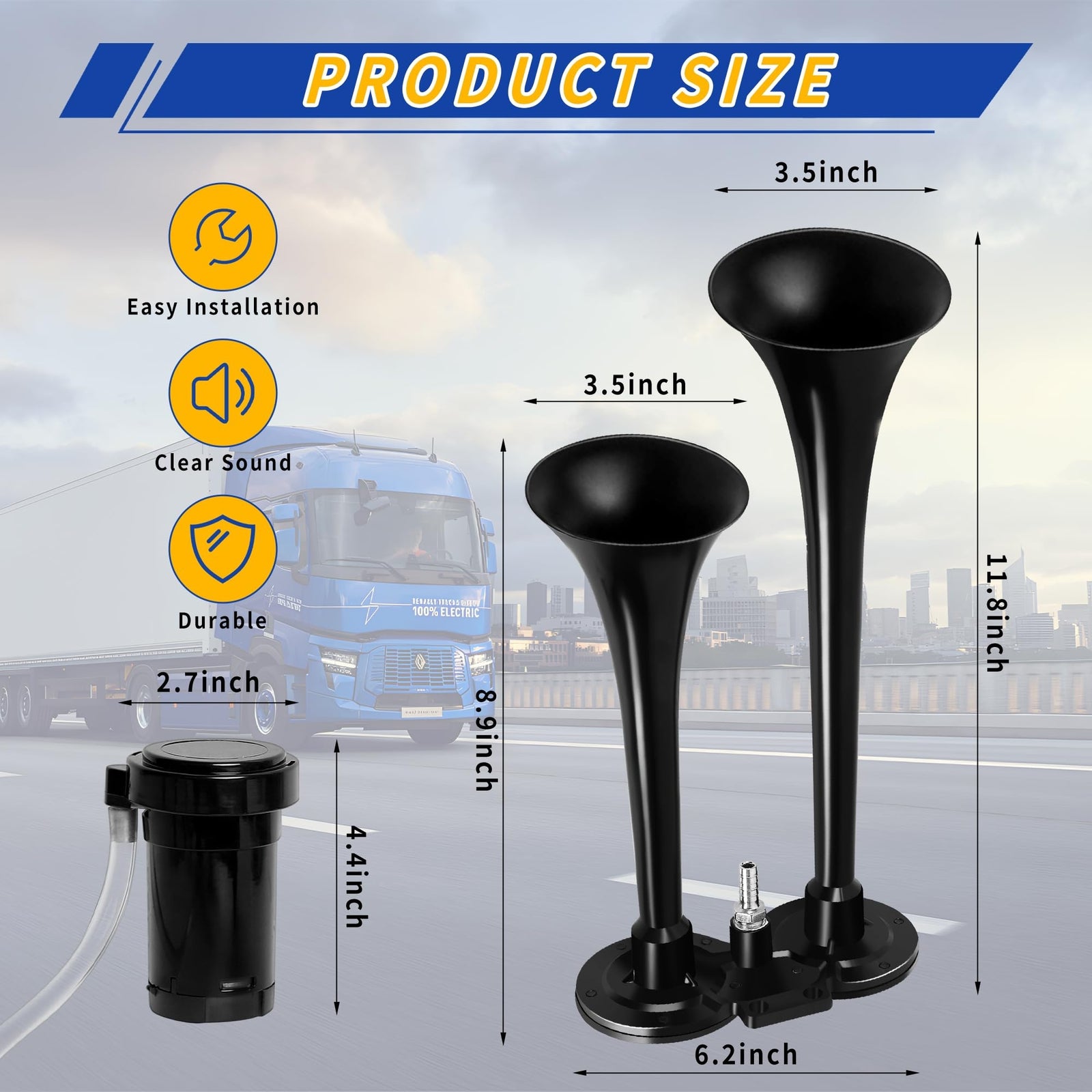 12V Dual Air Horn Kit with Super Loud Train and Truck Compressor System in Black Trend Times 3