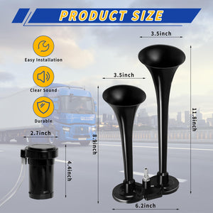12V Dual Air Horn Kit with Super Loud Train and Truck Compressor System in Black Trend Times 3
