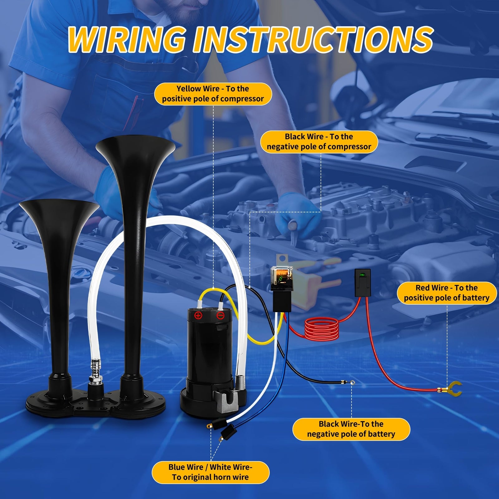 12V Dual Air Horn Kit with Super Loud Train and Truck Compressor System in Black Trend Times 4