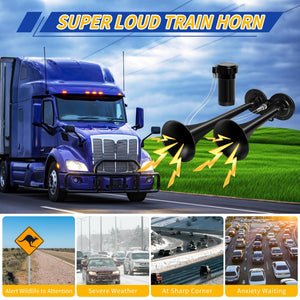 12V Dual Air Horn Kit with Super Loud Train and Truck Compressor System in Black Trend Times 5
